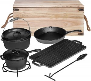 Bruntmor Pre-Seasoned 7 Piece Heavy Duty Cast Iron Dutch Oven Camping Cooking Set with Vintage Carrying Storage Box