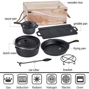 Bruntmor Pre-Seasoned 7 Piece Heavy Duty Cast Iron Dutch Oven Camping Cooking Set with Vintage Carrying Storage Box